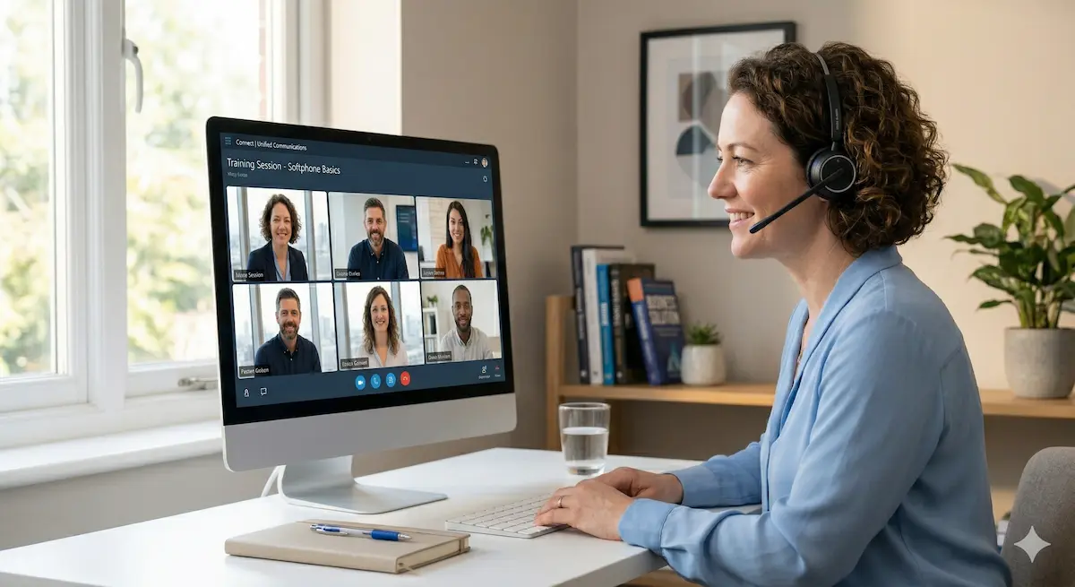 A professional taking part in an online VoIP training session via headset and video call