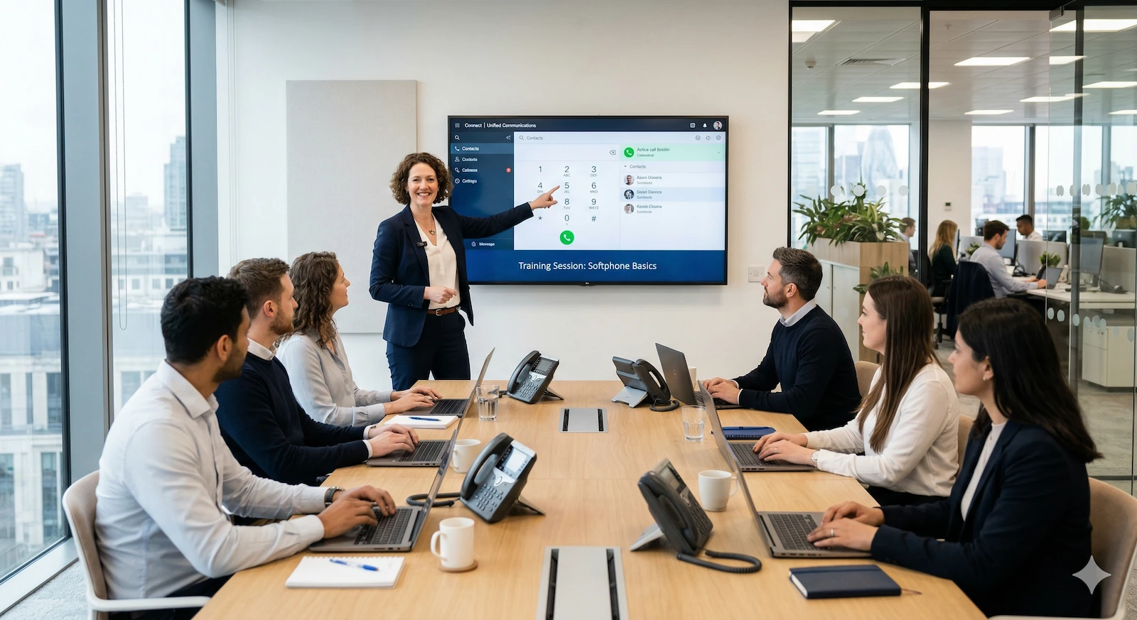 A VoIP Coach Ltd trainer delivering a Wildix end-user training session to a team in a modern office